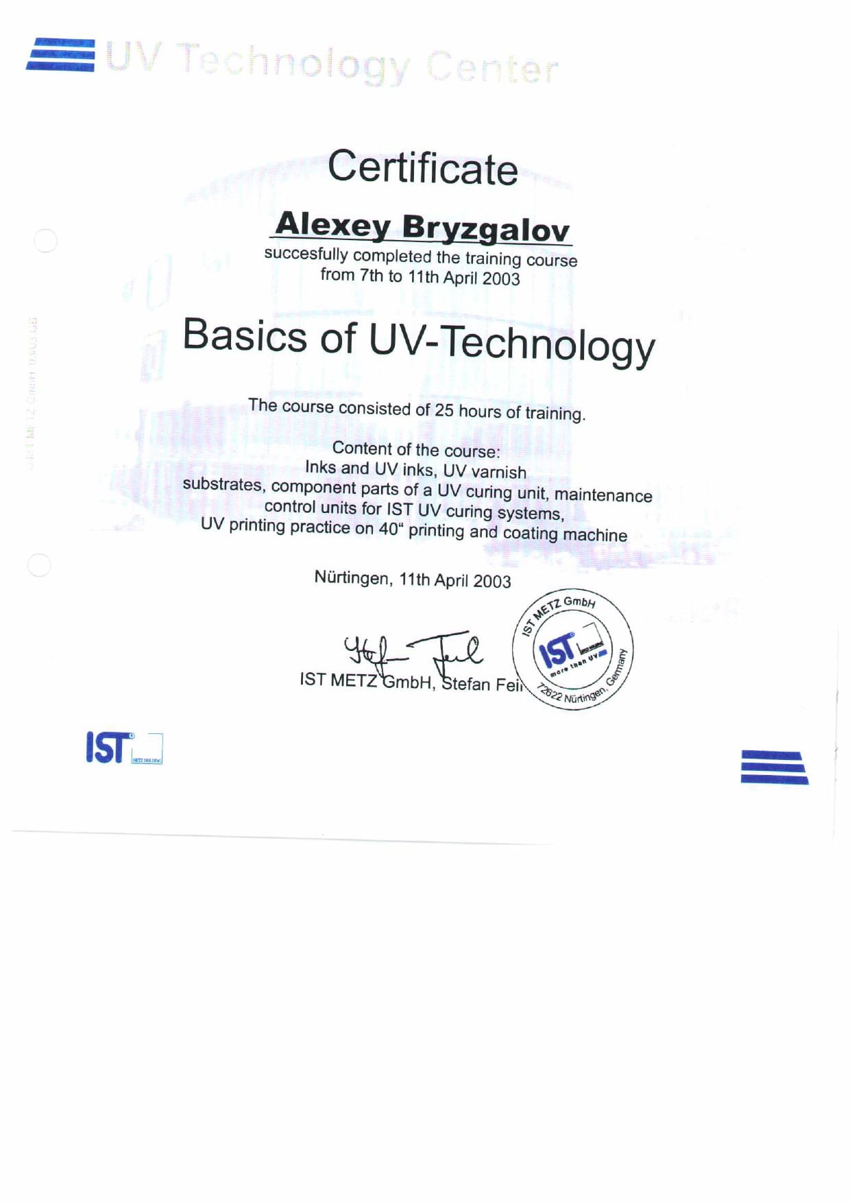 Alex Bryzgalov Heidelberg certificate