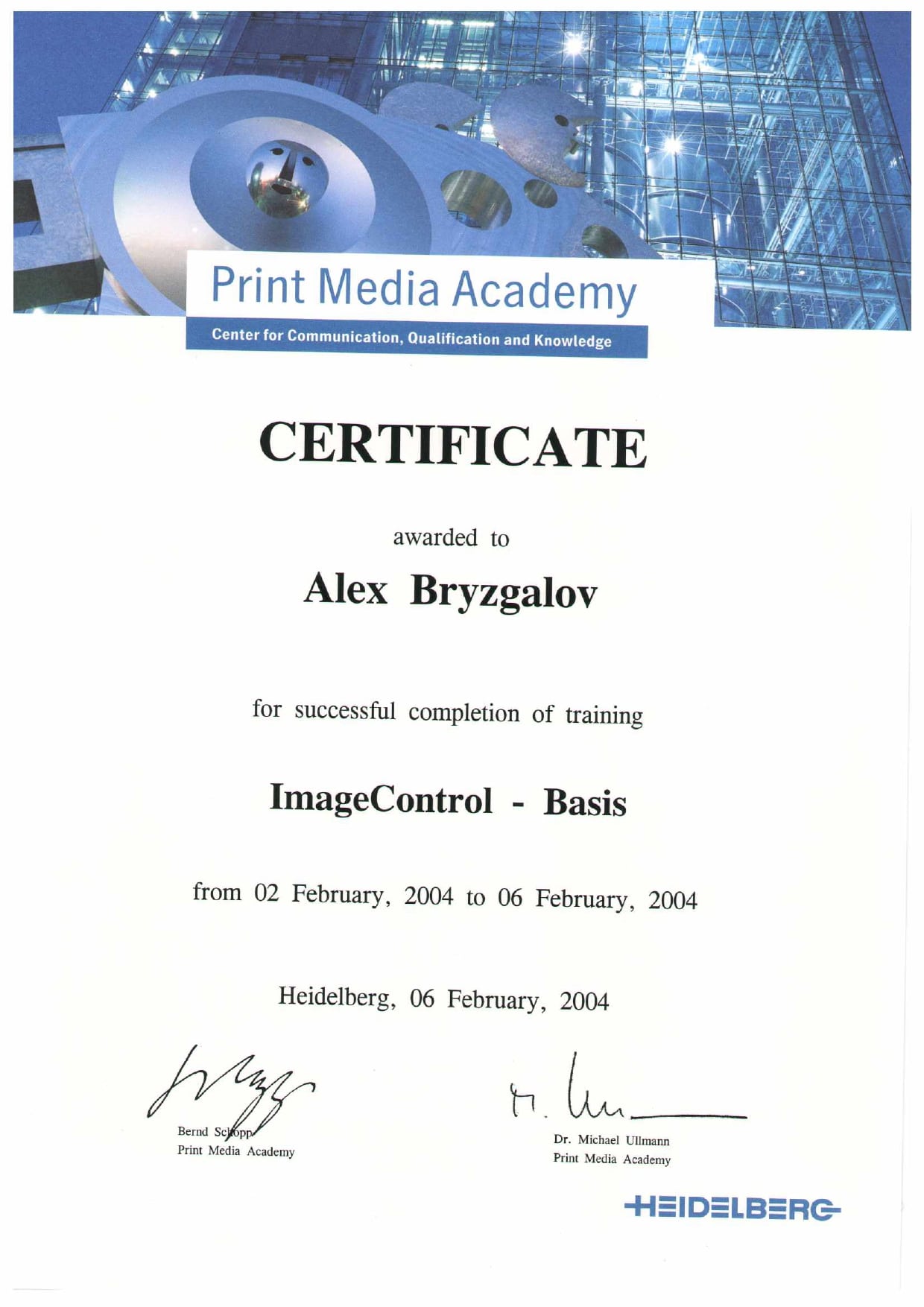 Alex Bryzgalov Heidelberg certificate