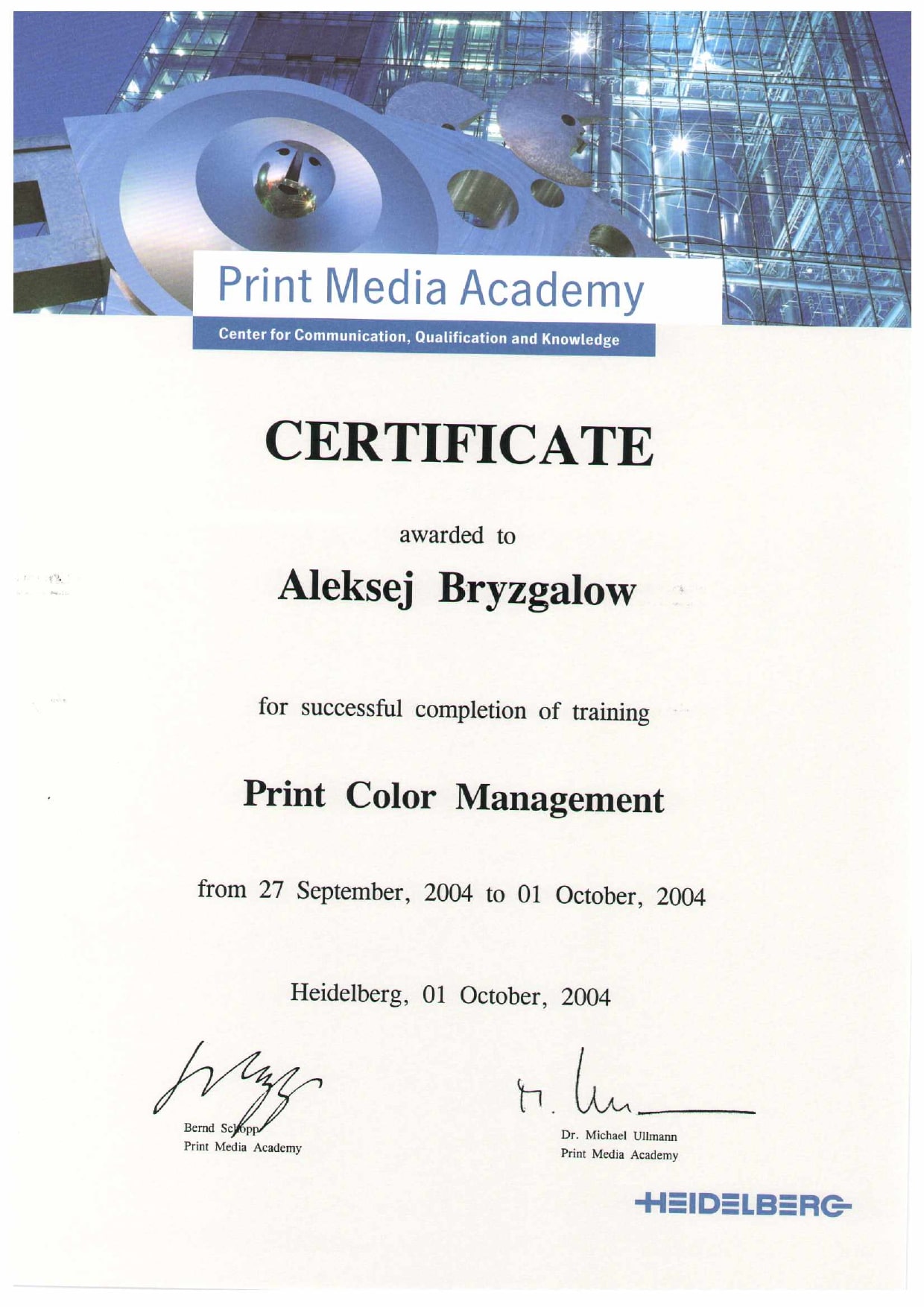 Alex Bryzgalov Heidelberg certificate