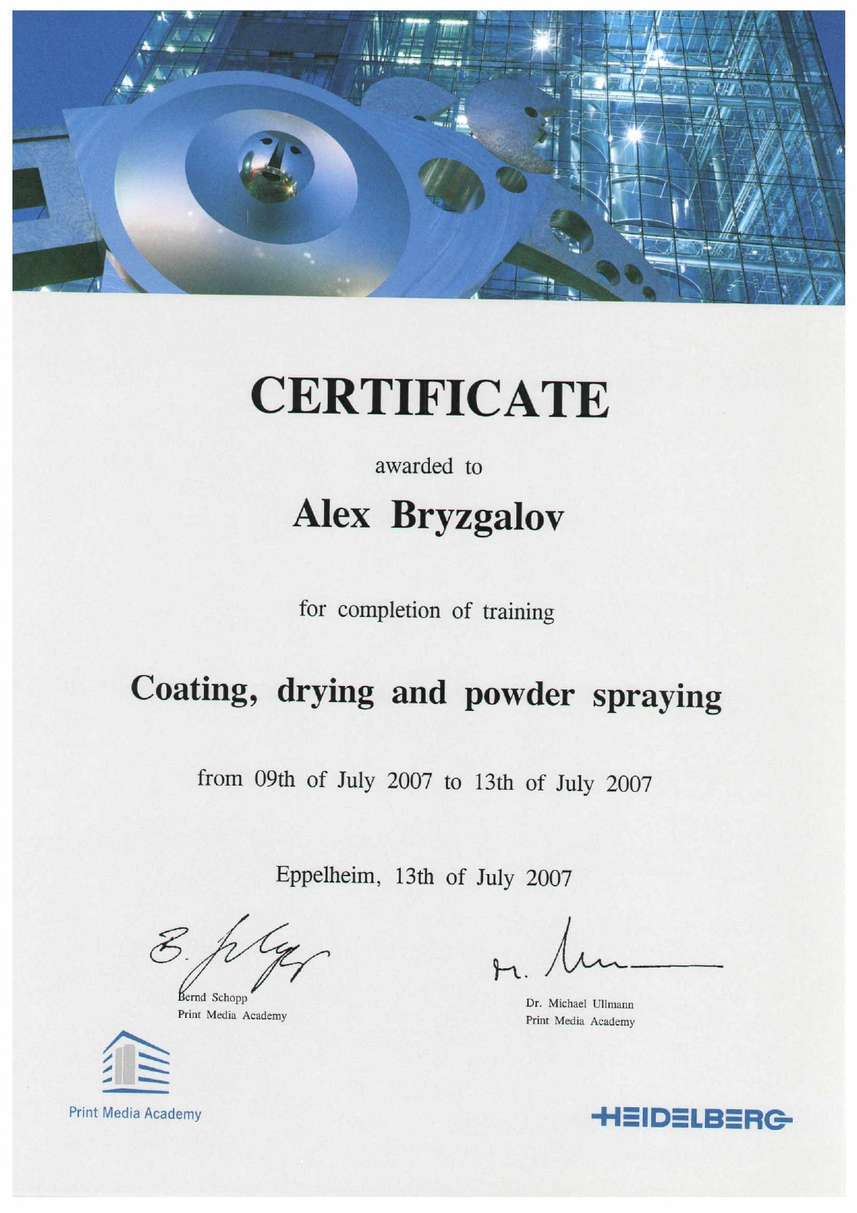 Alex Bryzgalov Heidelberg certificate