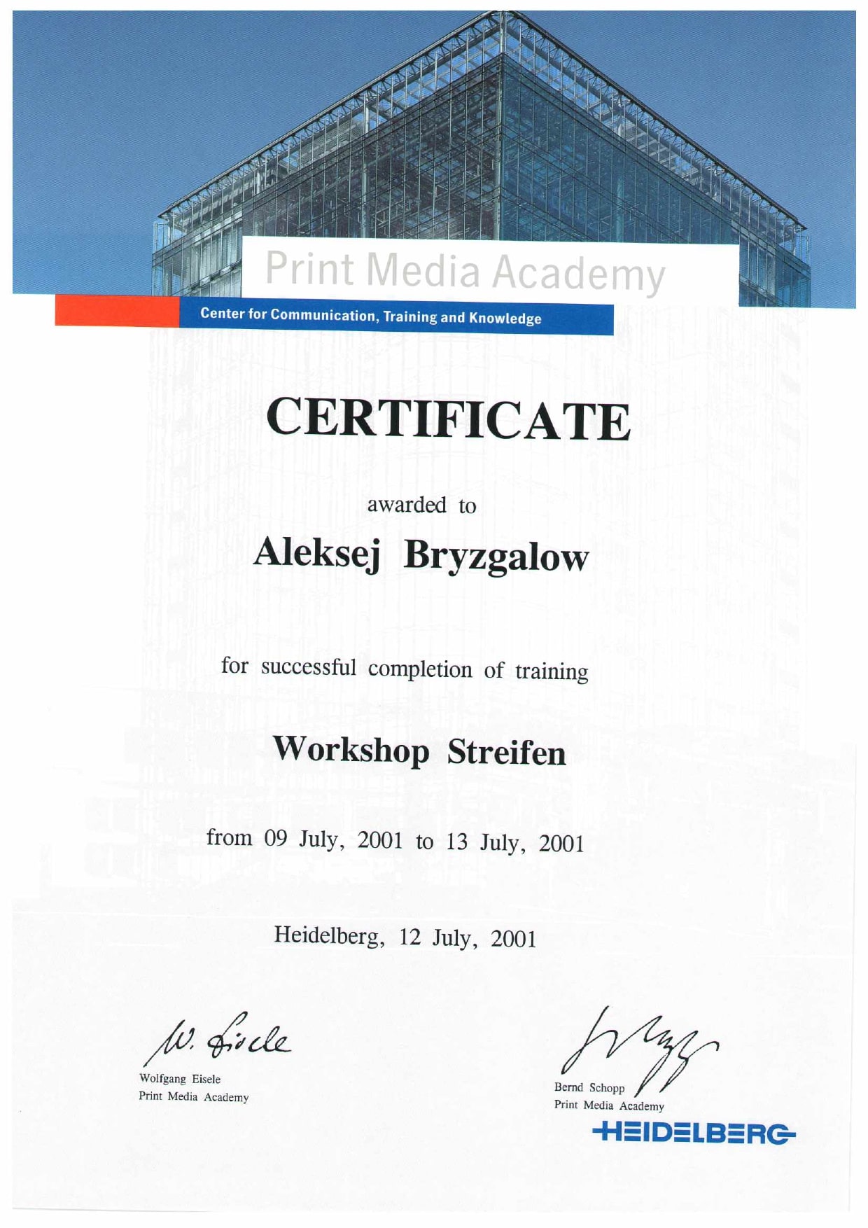 Alex Bryzgalov Heidelberg certificate